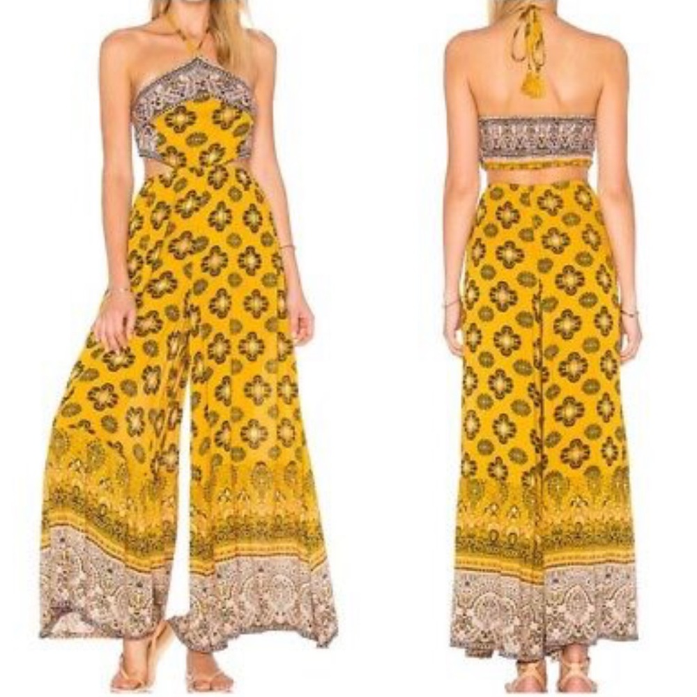 NWOT Free People Mariabelle Yellow Mustard boho Jumpsuit Moroccan